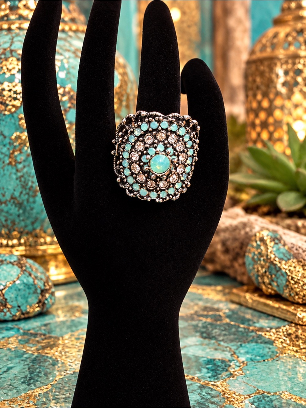 Boho Turquoise Crystal Statement Cocktail Ring Silver Tone Size 7